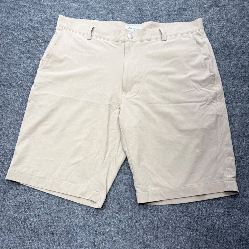 Peter Millar Mens Performance Golf Shorts Khaki Tan Stretch Size 35 Flat Front